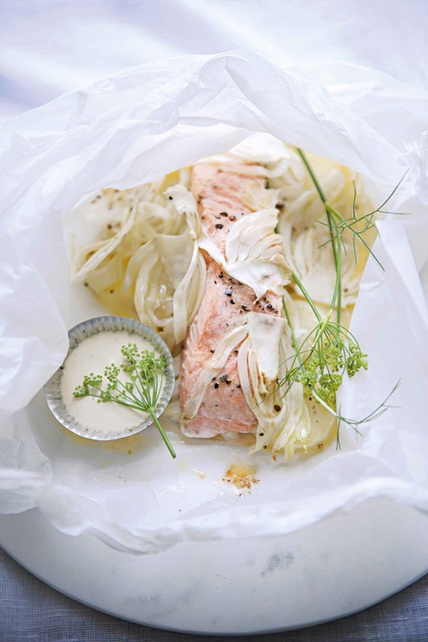 Salmon, fennel and new potato parcels with lemon mayonnaise