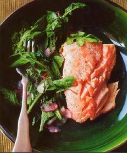 Salmon fillet poached in olive oil
