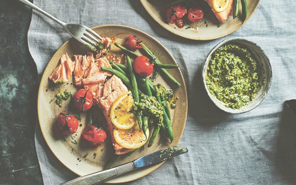 Salmon fillets with vine tomatoes, beans & green sauce