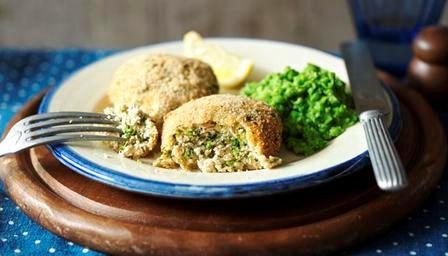Salmon fish cakes with mushy peas
