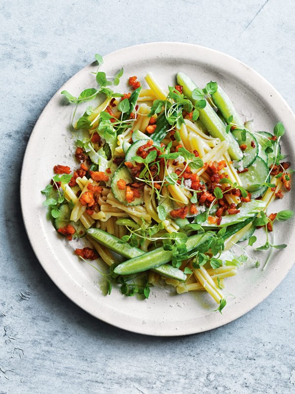 Salmon gravlax pasta salad with cucumber dressing