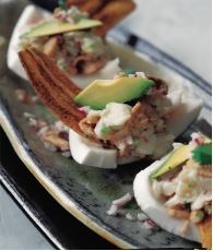 Salmon, halibut, and scallop ceviche with coconut