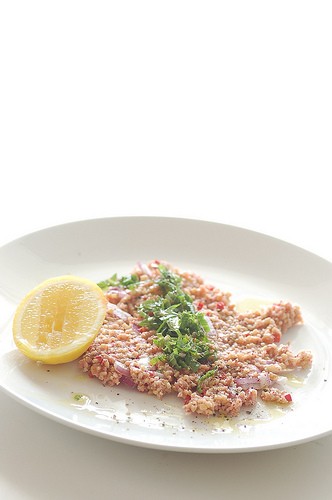 Salmon kibbeh with olive oil bread