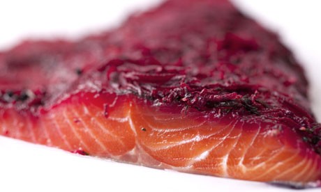 Salmon marinated with beetroot, dill, and orange