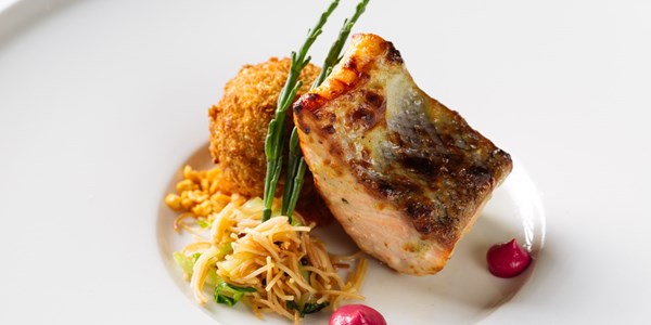 Salmon meen moilee with crab croquette