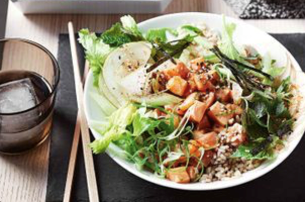 Salmon, nashi pear and brown rice poke bowl