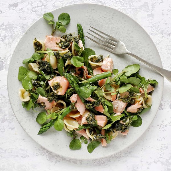 Salmon, pasta and spring veg salad