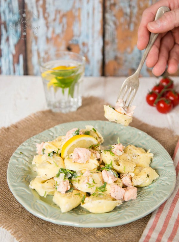 Salmon pasta in a creamy garlic & herb sauce