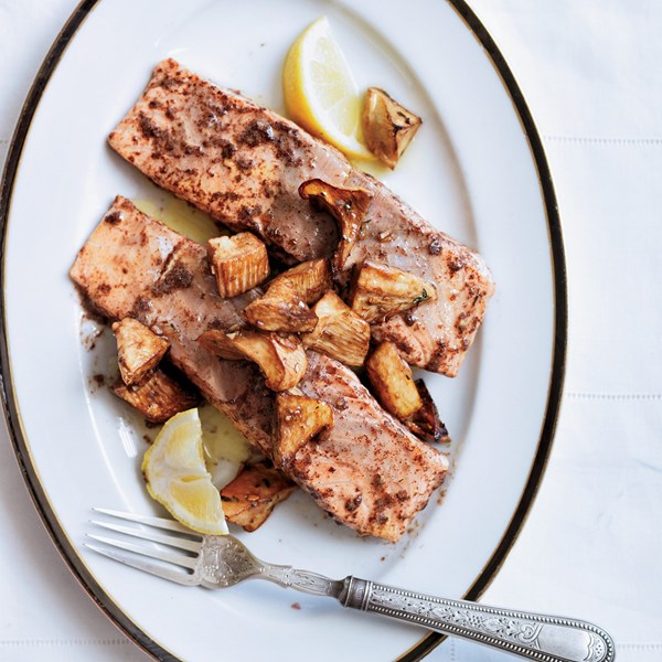 Salmon poached in cinnamon butter with cedar-planked porcini [Gabriel Rucker]