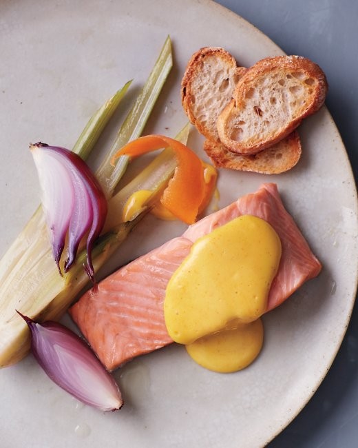 Salmon poached in white wine
