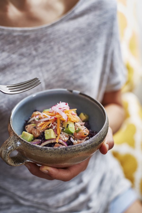 Salmon poke bowl with coconut black rice