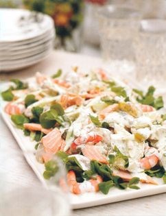 Salmon, prawn and potato salad with creamy dill dressing