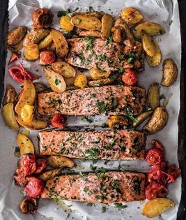 Salmon Provencal with fingerling potatoes & cherry tomatoes