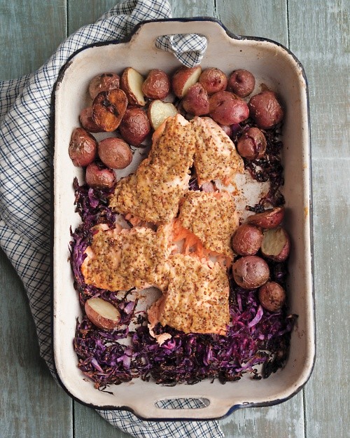 Salmon, red cabbage, and new potatoes