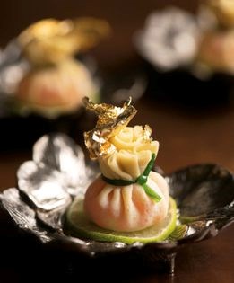 Salmon roe beggar's purses with gold leaf