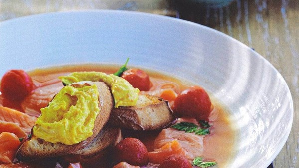 Salmon, saffron and cherry tomato broth with rouille toasts