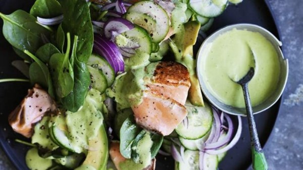 Salmon salad with green tahini dressing