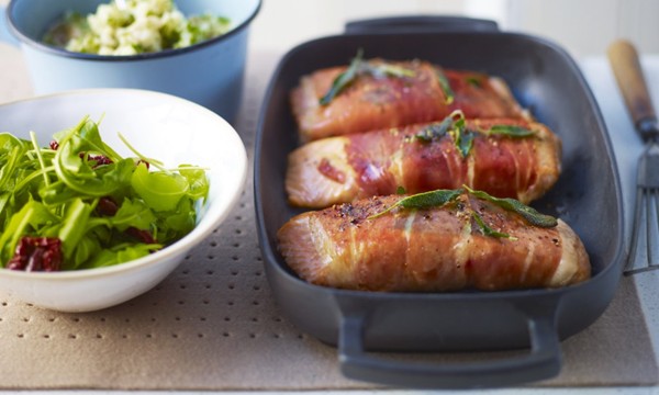 Salmon saltimbocca with gremolata potatoes & crispy sage leaves