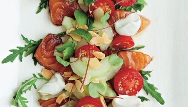 Salmon sashimi, cucumber, tomato, ginger, almond and yogurt
