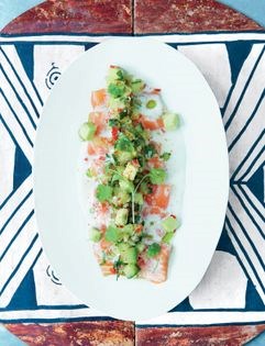 Salmon sashimi the South American way with Nikkei leche de tigre & jalapeño salsa
