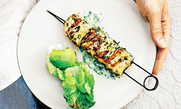Salmon skewers with chermoula
