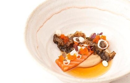 Salmon skin with fried aubergine