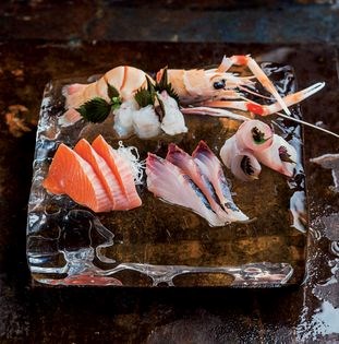 Salmon, snapper, trevally and scampi sashimi