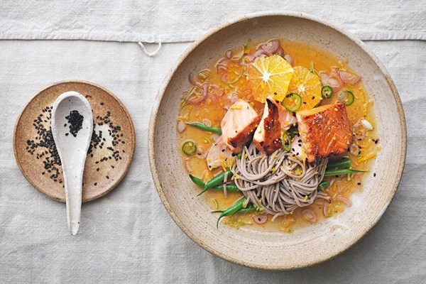 Salmon soba with ginger citrus dressing