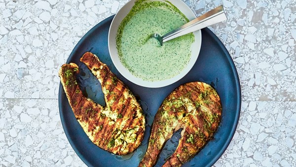 Salmon steaks with cilantro-and-garlic yogurt sauce