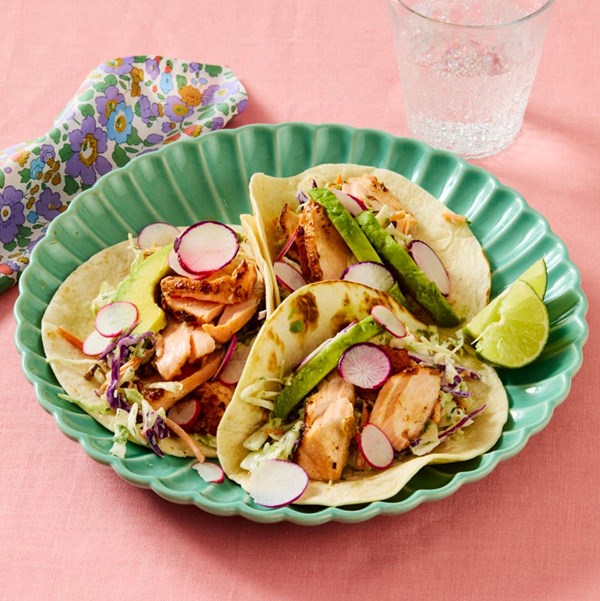 Salmon tacos with creamy dill slaw