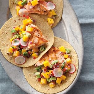 Salmon tacos with mango-avocado salsa