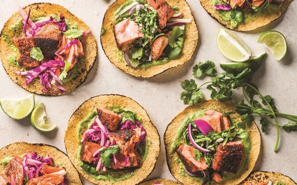 Salmon tacos with super slaw