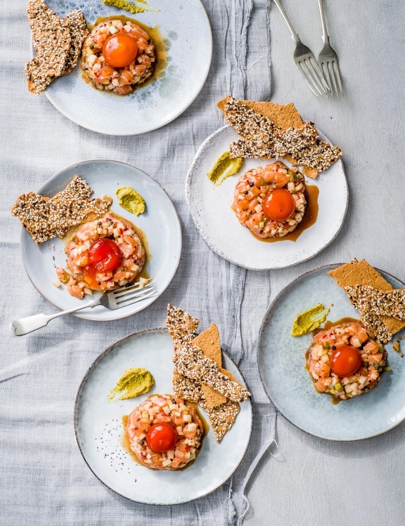 Salmon tartare with pickles and cured egg yolk