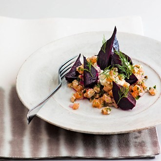 Salmon tartare with roast beets and dill creme fraiche
