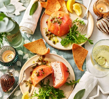 Salmon terrines with lemon caper butter sauce