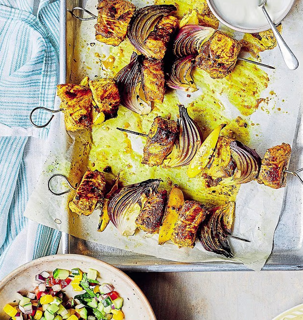 Salmon tikka skewers with mango kachumber salad