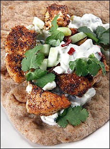 Salmon tikka with cucumber yogurt