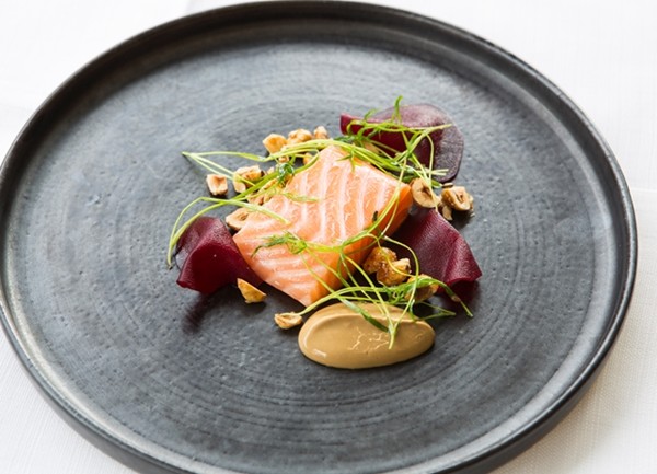Salmon, treacle, beetroot and hazelnut