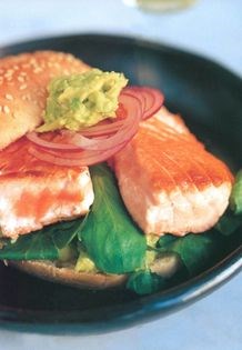 Salmon, watercress and wasabi guacamole burger