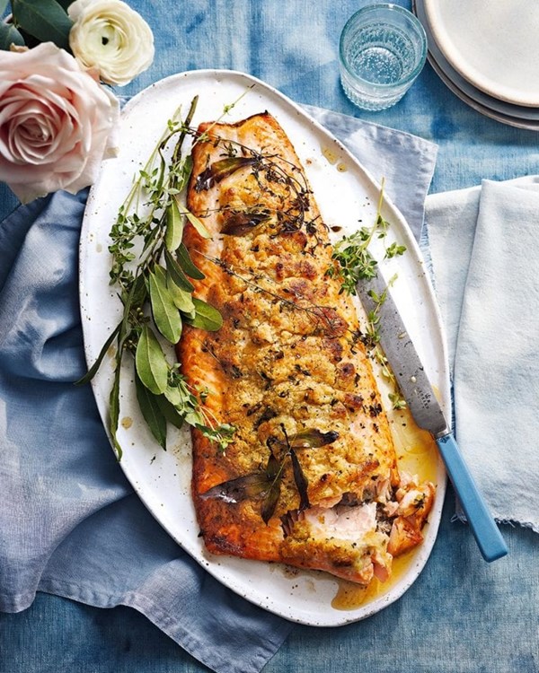 Salmon with a smoked salt and lemon thyme craquelin topping