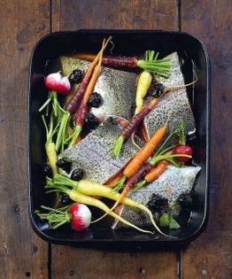 Salmon with baby vegetables