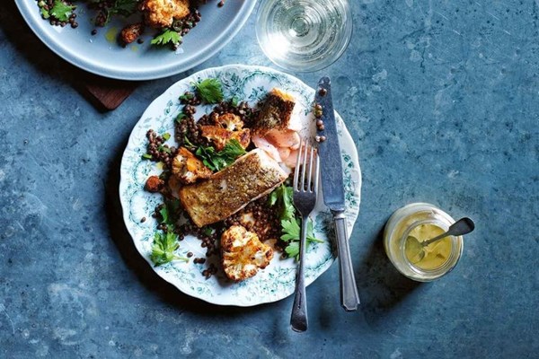 Salmon with black lentils and roasted cauliflower