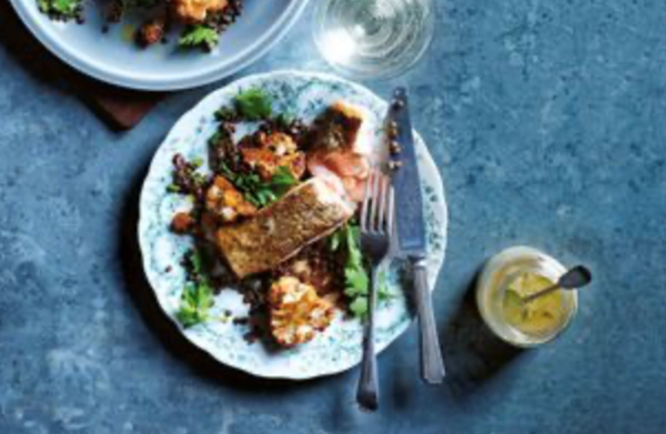 Salmon with black lentils and roasted cauliflower
