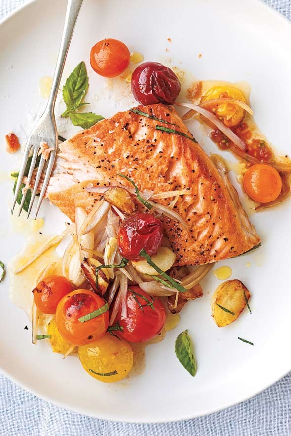 Salmon with blistered cherry tomatoes