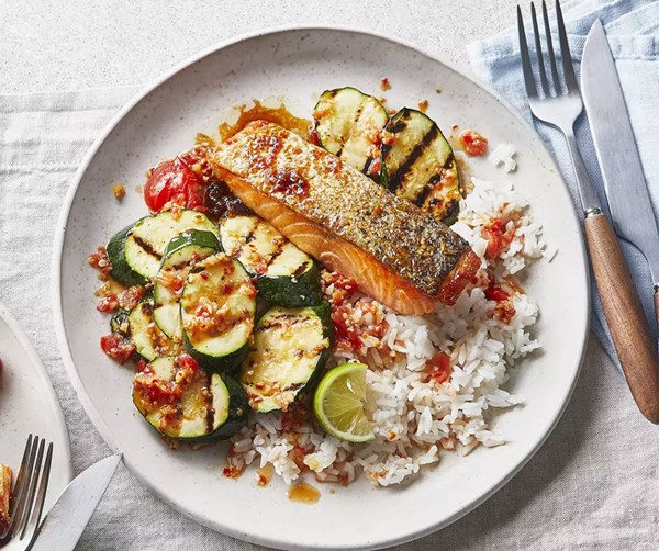 Salmon with chargrilled courgettes & Thai-inspired sauce