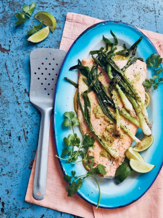 Salmon with charred spring onions, ginger and lime