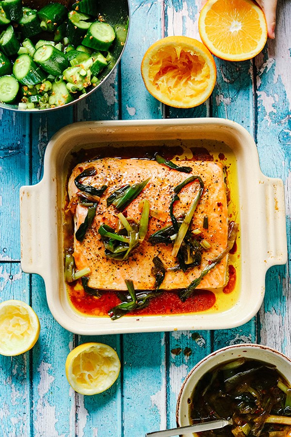 Salmon with citrus charred scallions and smashed cucumber salad