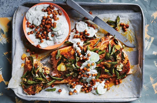 Salmon with crispy curry butter sauce and cucumber and yoghurt dip