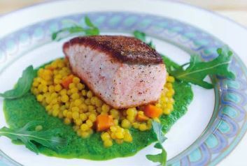 Salmon with curried carrot couscous and green puree