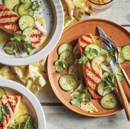 Salmon with curried yogurt & cucumber salad